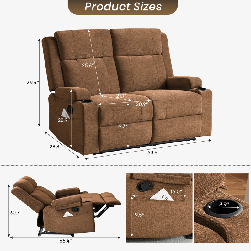 Causeuse inclinable manuelle moderne en chenille avec porte-gobelets et accoudoirs de rangement, dossier réglable, conception compacte pour le salon