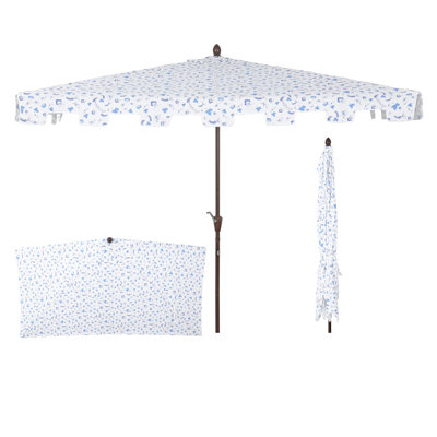 Sidney 9 ft. Half Patio Umbrella with Crank, Space-Saving Wall-Hugging Balcony Sun Shade with Square Trim, Blue/White Canopy, Dark Brown Pole
