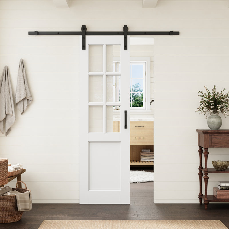 Porte standard à âme en bois massif préfinie, 6 carreaux de verre clair, 24 po x 80 po, avec ensemble de quincaillerie noire pour porte de grange