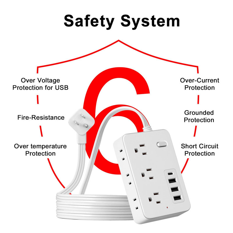 Multiprise avec ports USB, 6 prises de courant, 3 ports de charge USB-A et 1 port USB-C, rallonge plate de 4,8 pi, prise à angle de 45 °, station de charge murale pour bureau à domicile