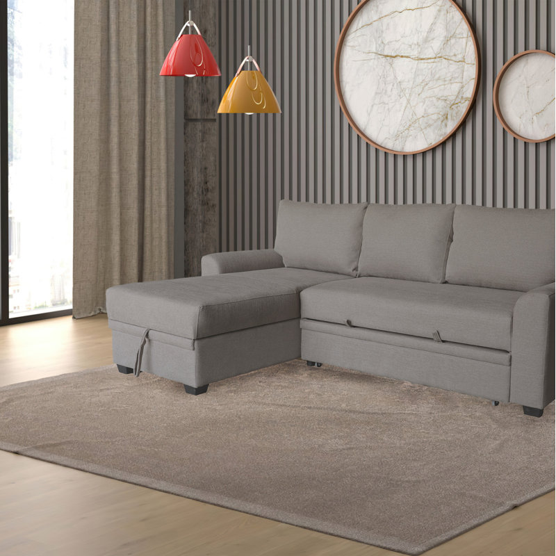Canapé-lit modulaire en flanelle avec méridienne et rangement à gauche, Tissu brun