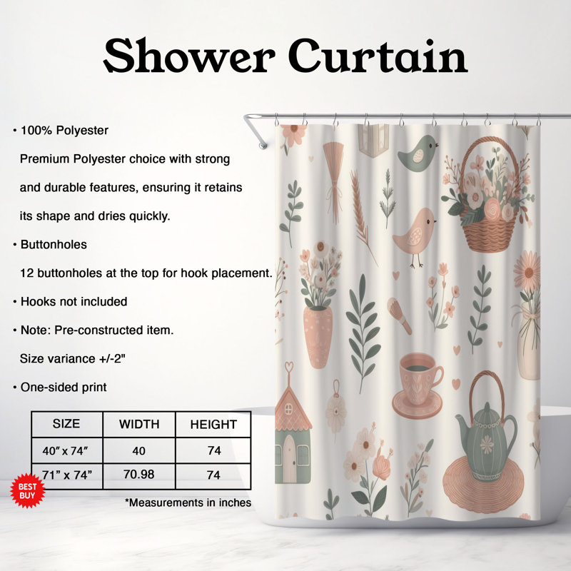 Rideau de douche standard 1 pièce Dreamy Cottage Vibes, H 74 po x l 71 po