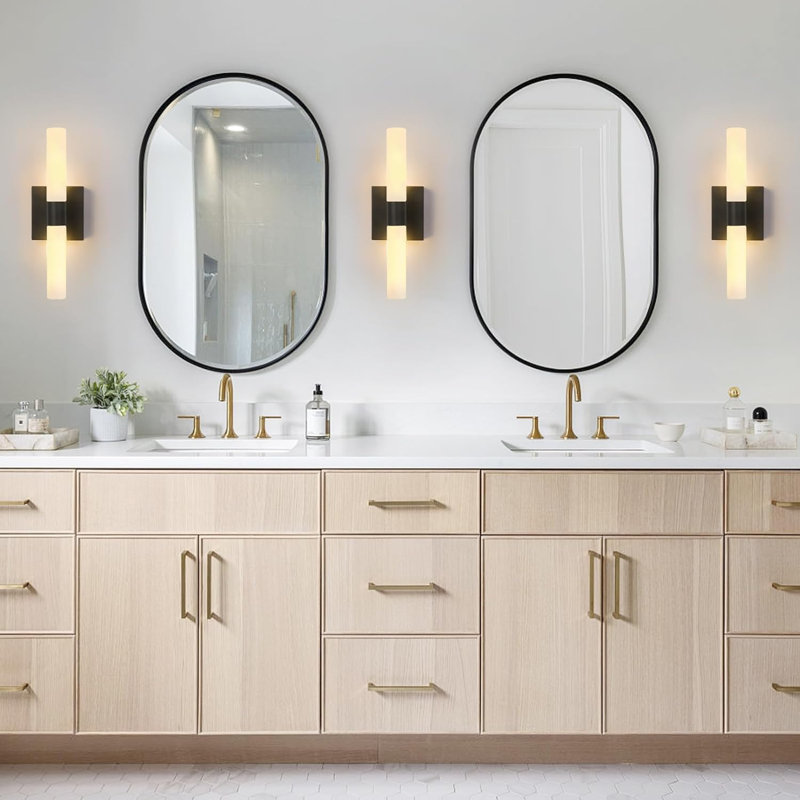 Ensemble de 2 appliques murales modernes pour salle de bain avec 2 abat-jour en verre givré et applique murale, Laiton noir