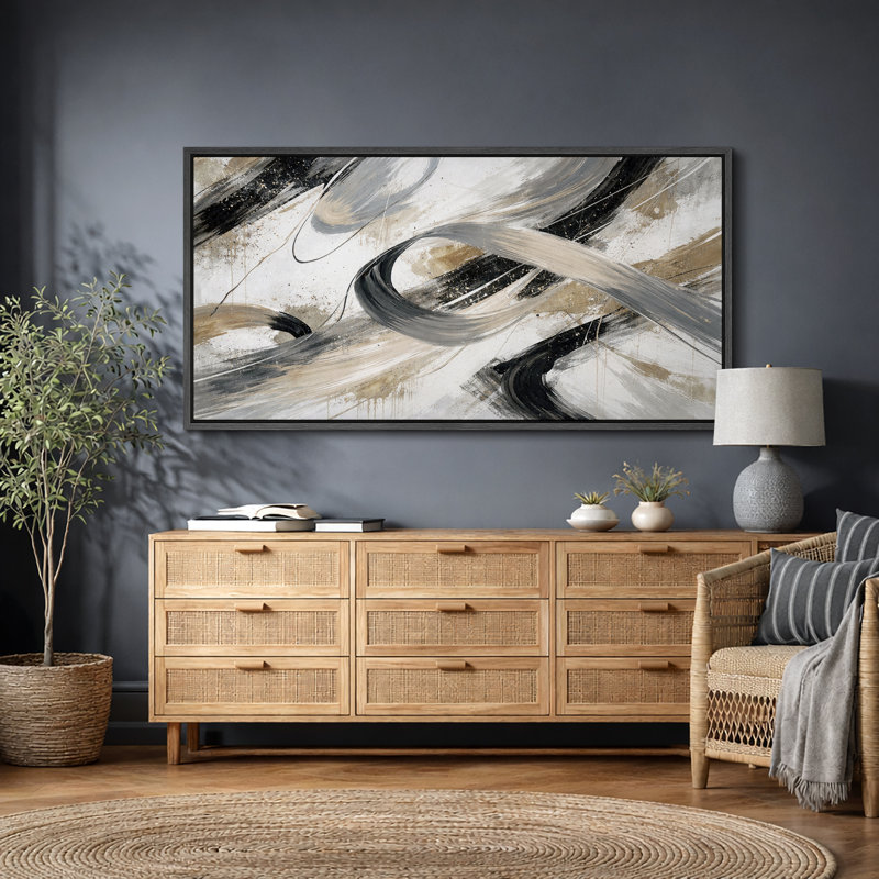 Œuvre abstraite de composition de fluide beige noir, images de salon contemporain, impression sur toile encadrée, Cadre noir
