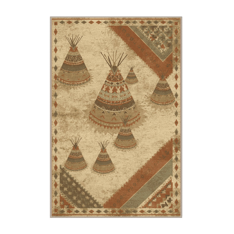 Machine Washable Aarav Country Rustic Vintage Look Rug in Brown – Beige Binding, 5x8