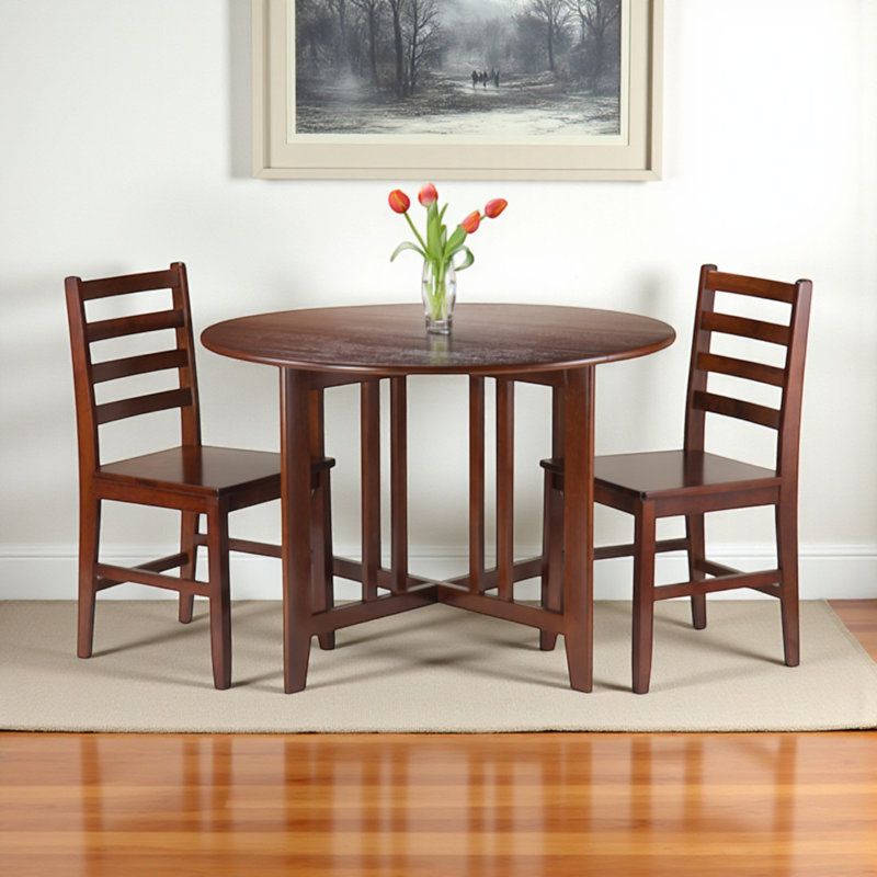 Chiang 3 Piece Drop Leaf Dining Set in Walnut Finish, 29.39" H X 41.78" W X 41.78" D, 3 Pieces: 1 Table, 2 Chairs