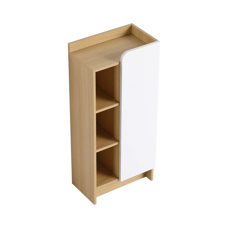 Armoire latérale de salle de bain autoportante de 16 pouces avec porte simple et tablettes ouvertes à trois niveaux pour un rangement intelligent et étroit et un assemblage facile.