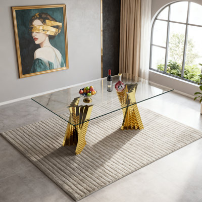 70" Glass Dining Table for 6-8 Luxury Glass Top Kitchen Table for 6 Mid-Century Rectangle Dining Room Table w/Mirrored Stainless Steel Base for Home O by Mercer41