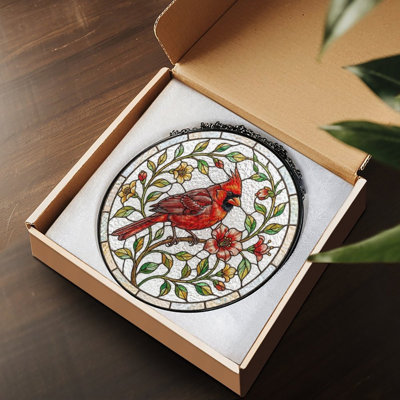 Red Cardinal Bird(2) Stained Glass Panels Suncatcher for Window Decor