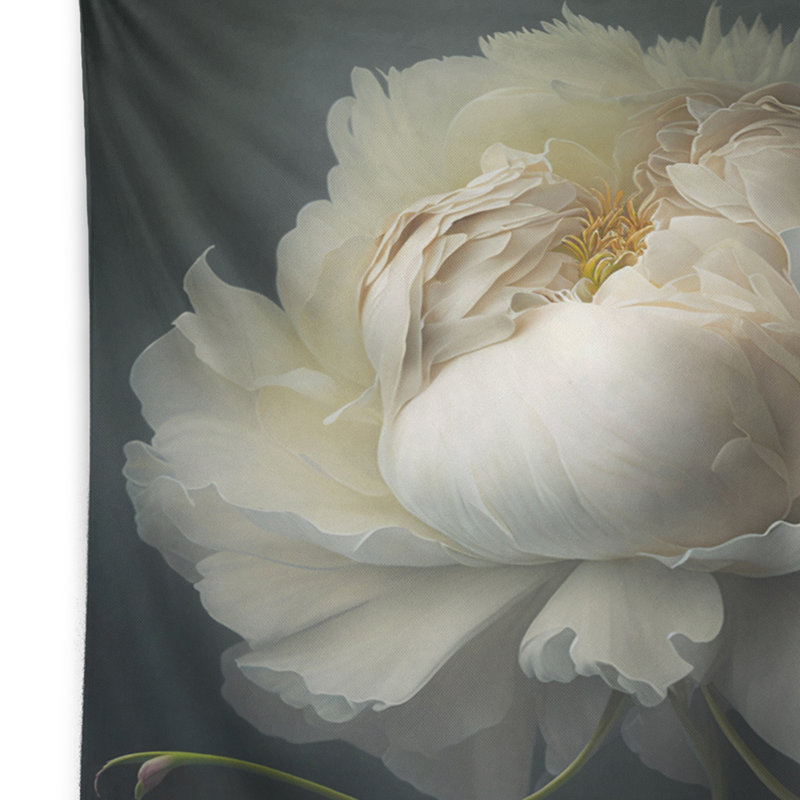 White Blossoming Peony On Black I Polyester Tapestry, 32" H x 39" W