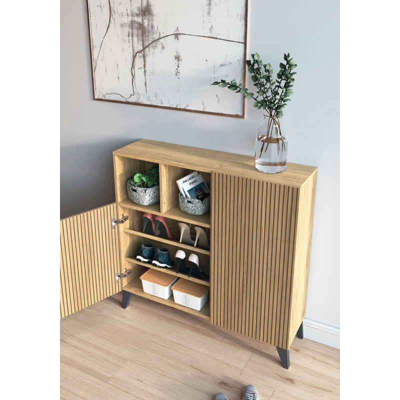 12 Pair Shoe Storage Cabinet, Oak/Graphite Legs