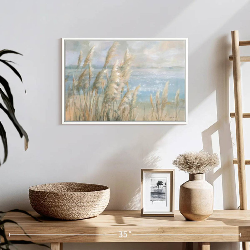 Herbe de la pampa au bord de la mer, Cadre flottant blanc, 19 po x 13 po