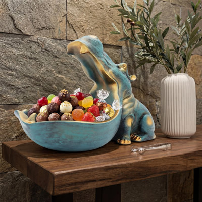 Hippo Statue Resin Candy Jar, Large Hippopotamus Figurine Storage Bowl for Keys, Candy, Office Desk and Entryway Table Decor, Dark Blue