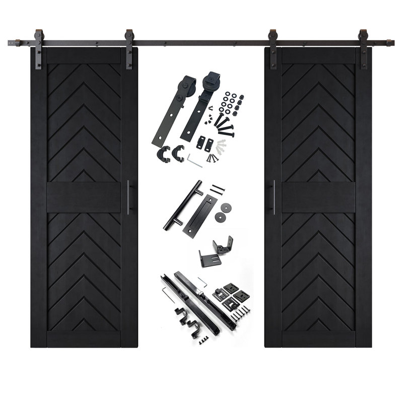 Homacer noir 26 po x 84 po fini et non assemblé 4-en-1 Fishbone deux portes de grange avec quincaillerie d'installation sans dérivation, rail de 9 pi, utilisation intérieure seulement