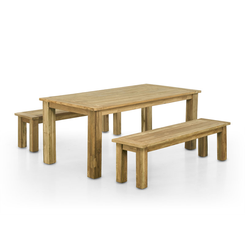 71" Oxford Reclaimed Teak Indoor Outdoor Dining Table Set With Two 59" Teak Benches, 30.3" H x 70.9" W x 35.4" D