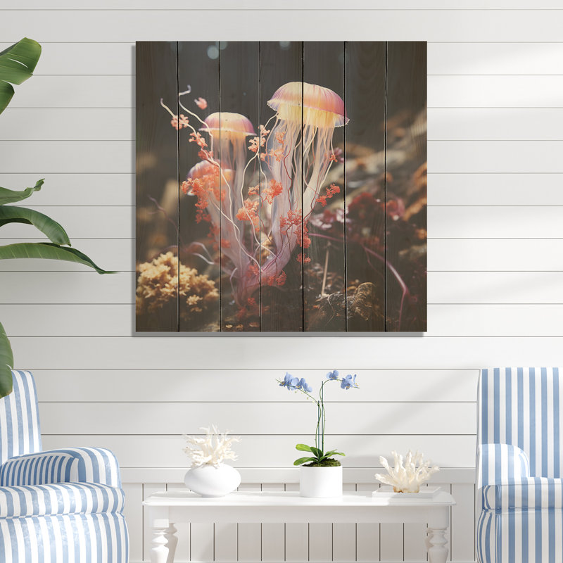 Yellow & Pink Ethereal Elegance Jellyfish In Color - Jellyfish On Wood Print, 36" H x 36" W