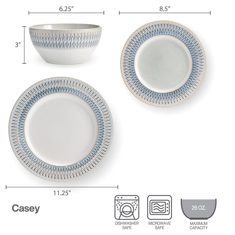 Casey White and Blue Ceramic 12-Piece Dinnerware Set