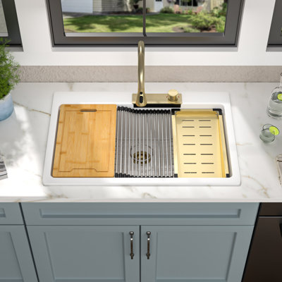 33" Granite Drop In Kitchen Sink with Workstation Waterfall Faucet, Black