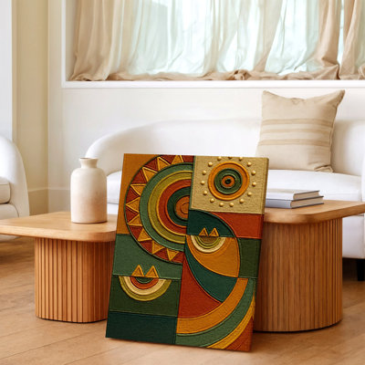 Geometric Abstract Circle Pattern Textured Boho Mid Century Canvas Wall Art Print, Coordinated Color Geometric Abstract Boho Poster Artwork For Living Room Decor, Gallery Wall Accent
