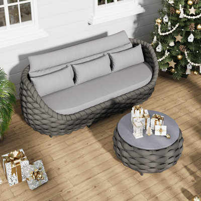 3 - Person Polyester Rope Altuminum Frame Outdoor Patio Sofa With Cushions And Coffee Table For Cabin Deck Balcony Porch Sunroom Conversation Room Liv by Ebern Designs