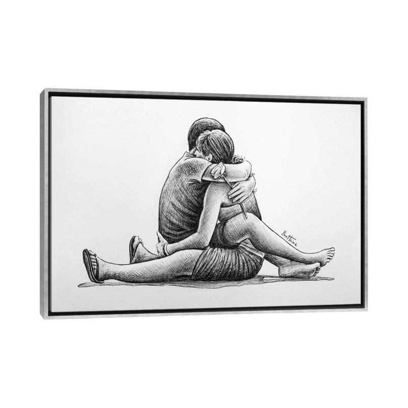 Hug par Ben Heine-impression de dessin, Pas de tapis, H 26 po x l 40 po x 1,5 po, Toile avec cadre argenté