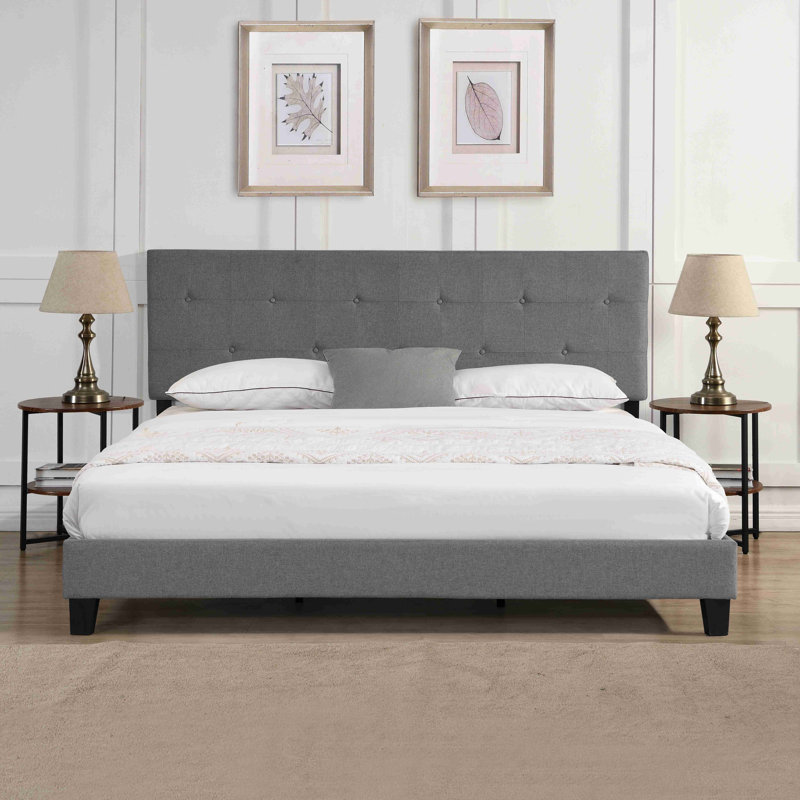 Structure de lit plateforme tapissier avec tête de lit capitonnée en tissu de lin sans sommier tapissier, Très grand lit