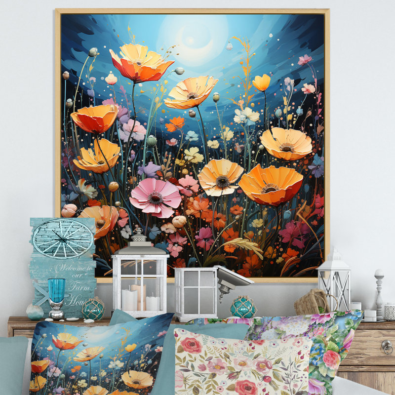 «Wildflowers Vibrant Meadows Pointillism II», reproduction sur toile, H 30 po x l 30 po x P 1 po, Cadre naturel flottant