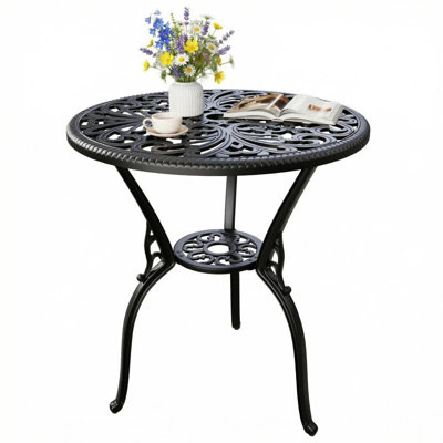 23" Round Cast Aluminum Patio Bistro Table, Outdoor Coffee Bistro Side Table with Umbrella Hole, Antique Design Dining Desk for Backyard, Garden, Porch, Pool