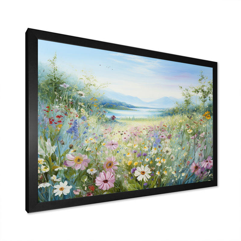 Simplity Wreath Green Flower Field - Art mural grand champ de fleurs, H 12 po x l 20 po x P 1 po, Cadre simple noir