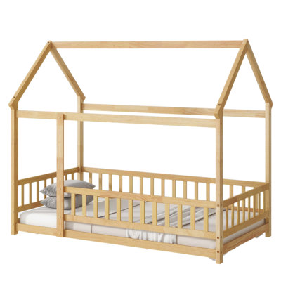 House Floor Wooden Bed with Roof Frame,Safety Guardrails,Natural
