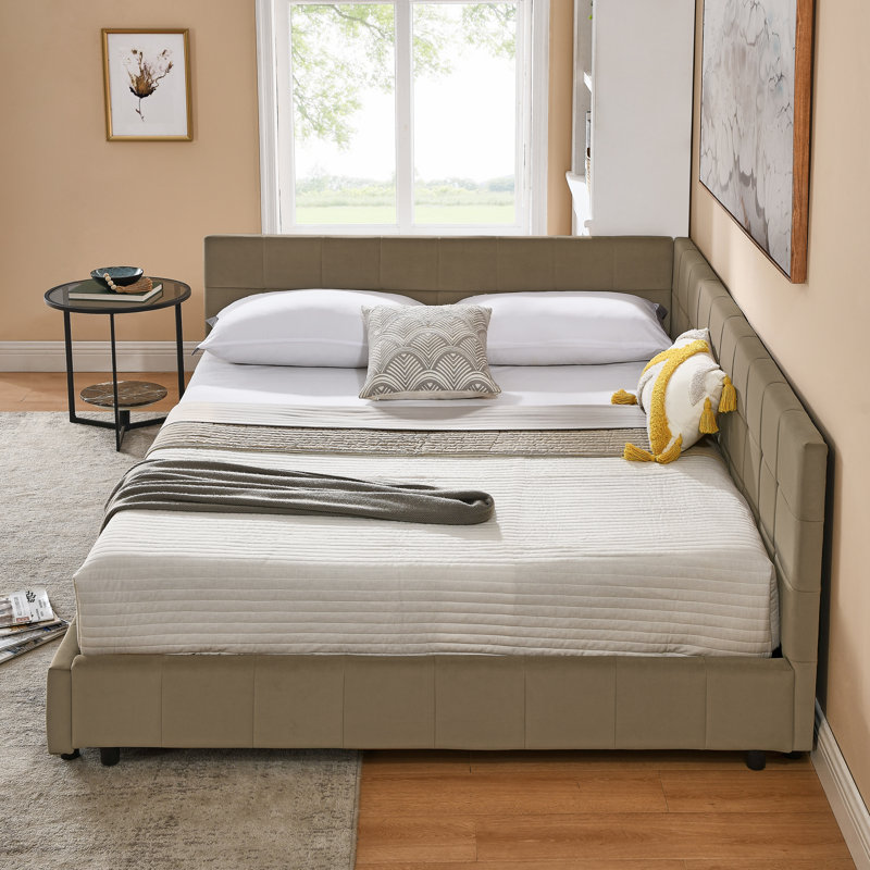 Structure de lit grand capitonnée en velours avec dossier et base en bois durable, Brun