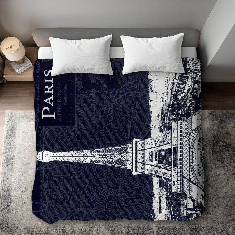 Paris Blue Print Duvet Cover | White Vintage Home Decor