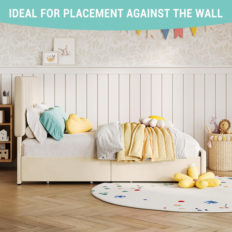 Structure de lit simple tapissier en lin avec rangement, sommier avec tête de lit réglable et 2 tiroirs, aucun sommier requis, base de lit à lattes en bois, beige