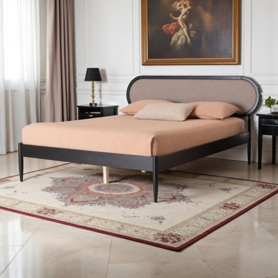 Chiyo Queen Platform Bed With Beige Fabric and Black Wood, 39.98'' H X 71.86'' W X 84.18'' L