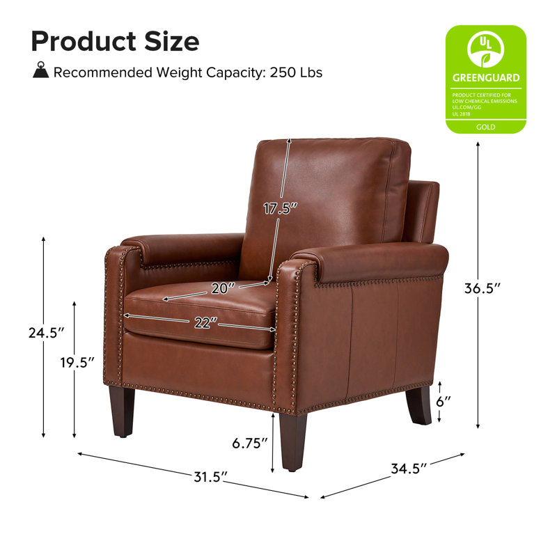 Fauteuil club transitionnel en cuir véritable l 31,5 po Paserella avec pieds en bois massif, Brun