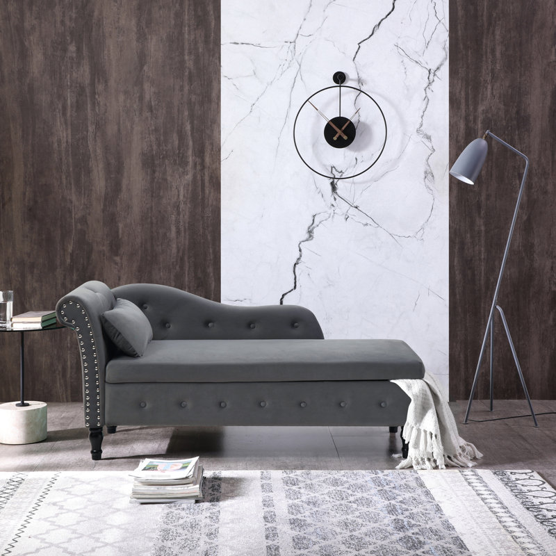 Chaise longue en velours gris avec pieds en bois massif et rangement spacieux, Gris