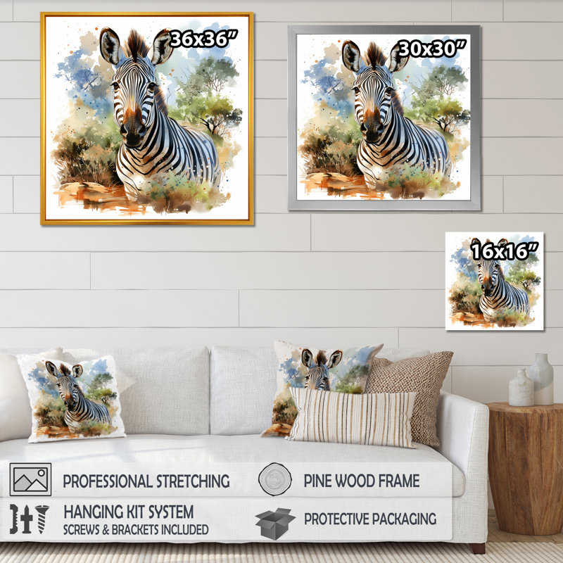 Zèbre, savane, art mural, Toile tendue, H 16 po x l 16 po x P 1 po