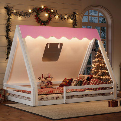 Full Size House Floor Bed with Tent and Light, Teepee Design with Full-length Guardrails, Montessori-inspired for Child Safety and Independence
