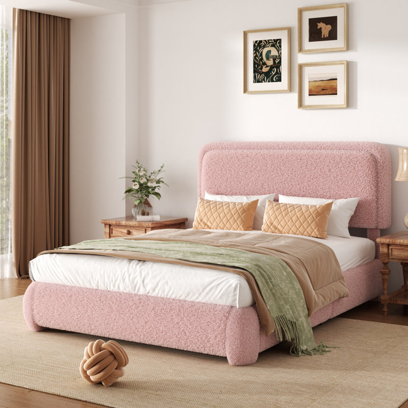 Base de lit plateforme tapissier Boucle avec tête de lit réglable et coins arrondis doux, Double, Rose