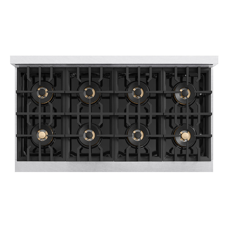 ZLINE Autograph 48 in. Satin Steel Classic Rangetop with 8 DuoPro Burners and Black Accents, Polished Gold
