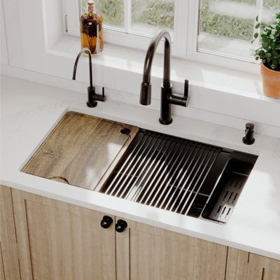Karran 32" Undermount Double Bowl Quartz Kitchen Sink Kit in Black