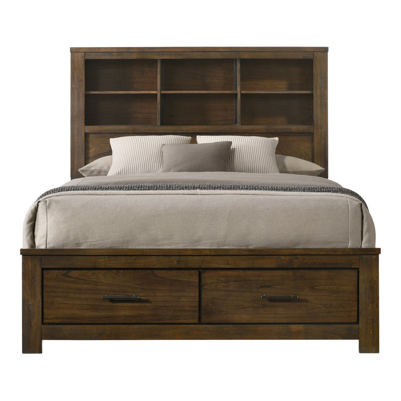 King Oak Wood Frame Bed with Storage Drawers and Headboard