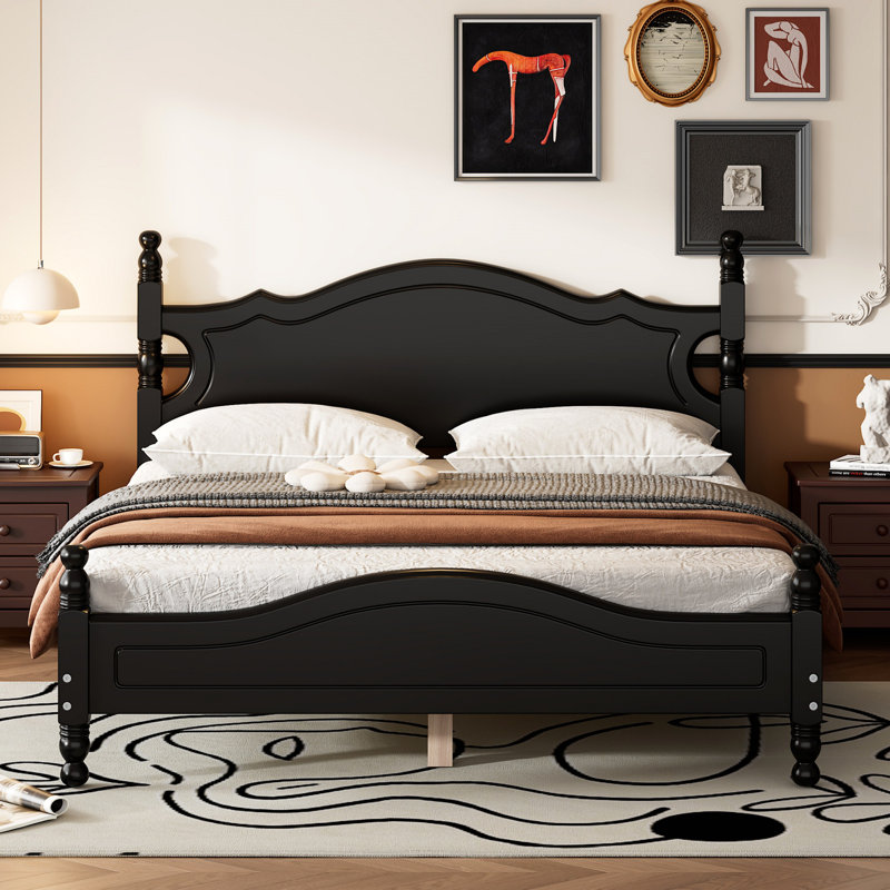 Lit plateforme en bois massif Govea, Noir, Grand lit