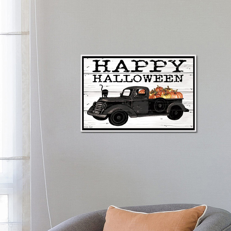 «Happy Halloween Black Truck», reproduction d'art sur toile encadrée, Blanc