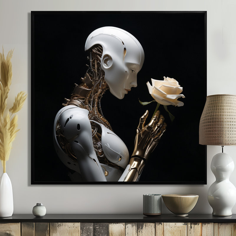 Liverpool - Robots Wall Art Decor, 16" H x 16" W, Black Canvas Floater Framed