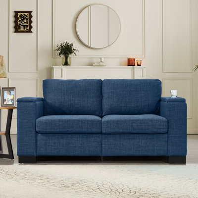 Causeuse de salon 67,7 po en tissu de style moderne, canapé à accoudoirs carrés avec porte-gobelet, canapé de rangement, revêtement en polyester bleu.