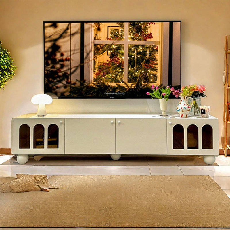 Meuble télé en bois massif de style crème moderne, 82.67", Blanc / Blanc
