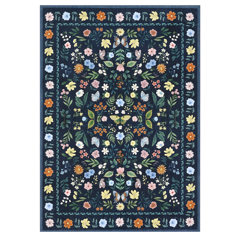 Washable Rugs for Living Room, Floral Animal Print Area Rug with Non Slip Backing, Low Pile & Stain Resistant Botanical Soft Accent Carpet for Dining Room, Under Table, Bedroom, Nursery