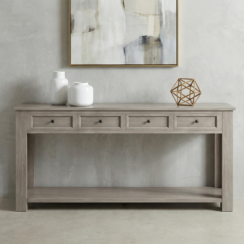 63"High-End Rustic Sofa Table With Drawers - Sturdy Craftsmanship, Hallway Storage Solution, Gray Wood