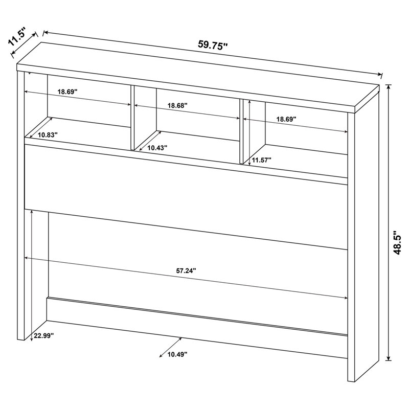 Tête de lit bibliothèque 49 po, 48.5" H x 59.75" W x 11.5" D, Noir